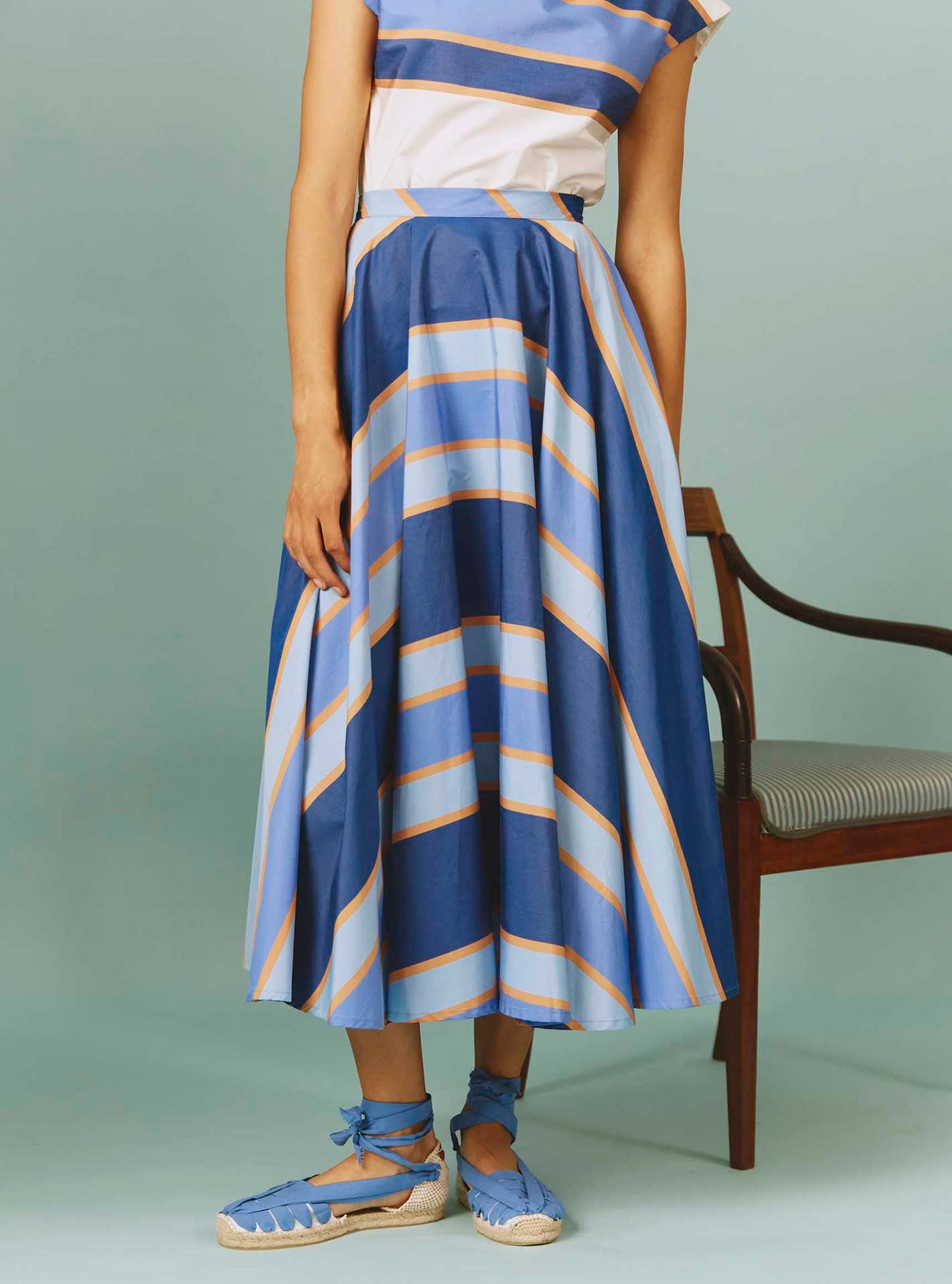 Front view of Audrey Skirt: Samarkand Stripes - Blue/Arancio by Thierry Colson | Spring/Summer 2024