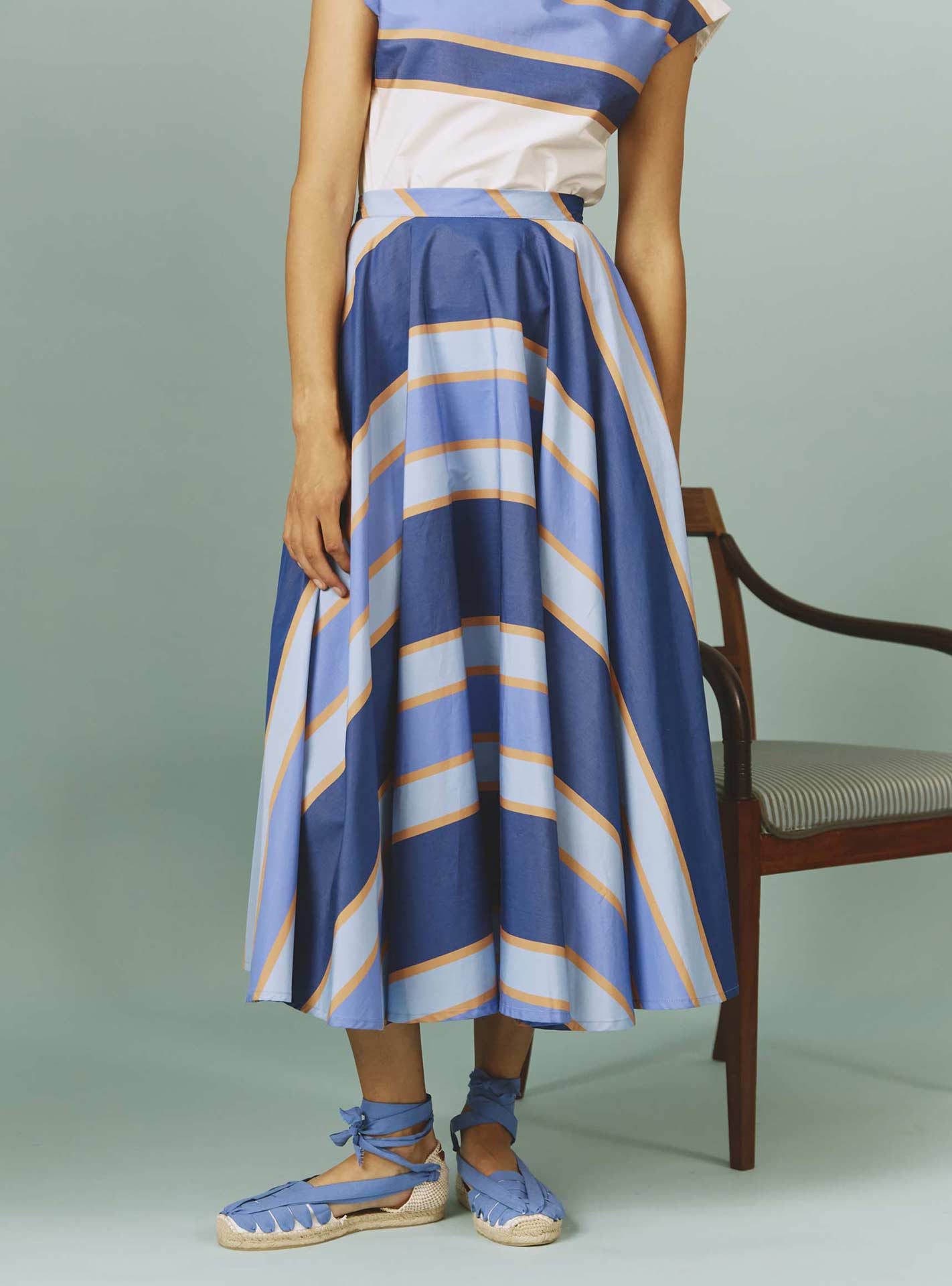 Front view of Audrey Skirt: Samarkand Stripes - Blue/Arancio by Thierry Colson | Spring/Summer 2024