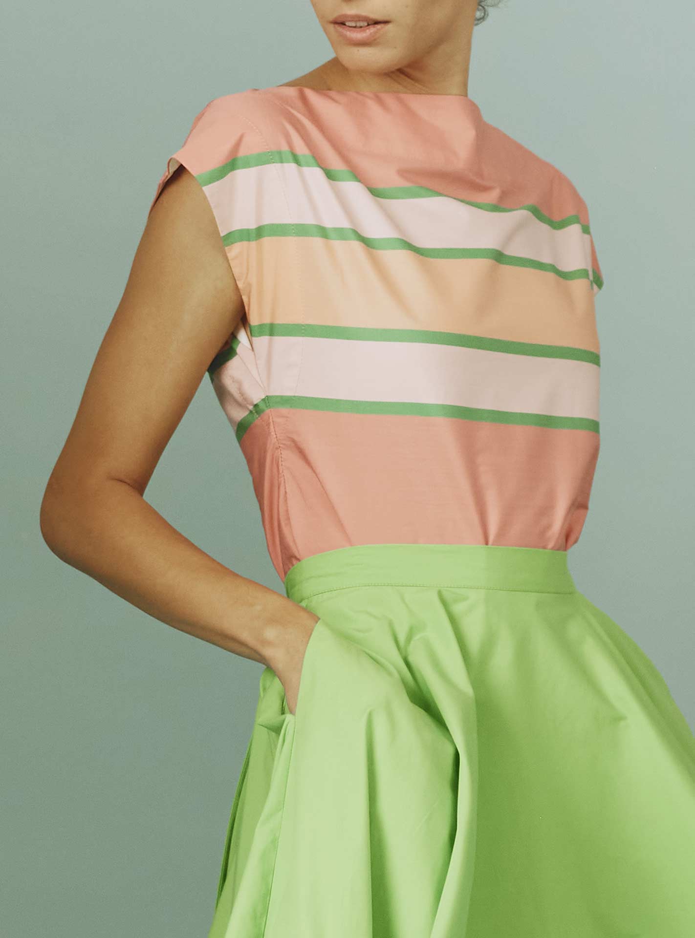 Three-quarter view of Ida Top: Samarkand Stripes - Pink/Green by Thierry Colson