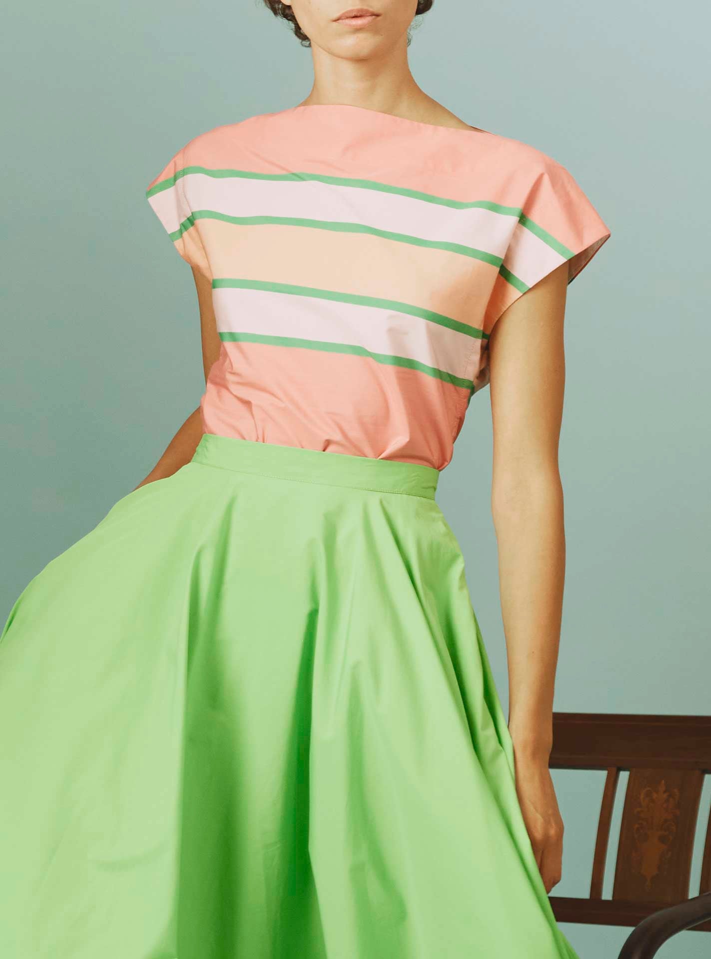 Front view of Ida Top: Samarkand Stripes - Pink/Green by Thierry Colson