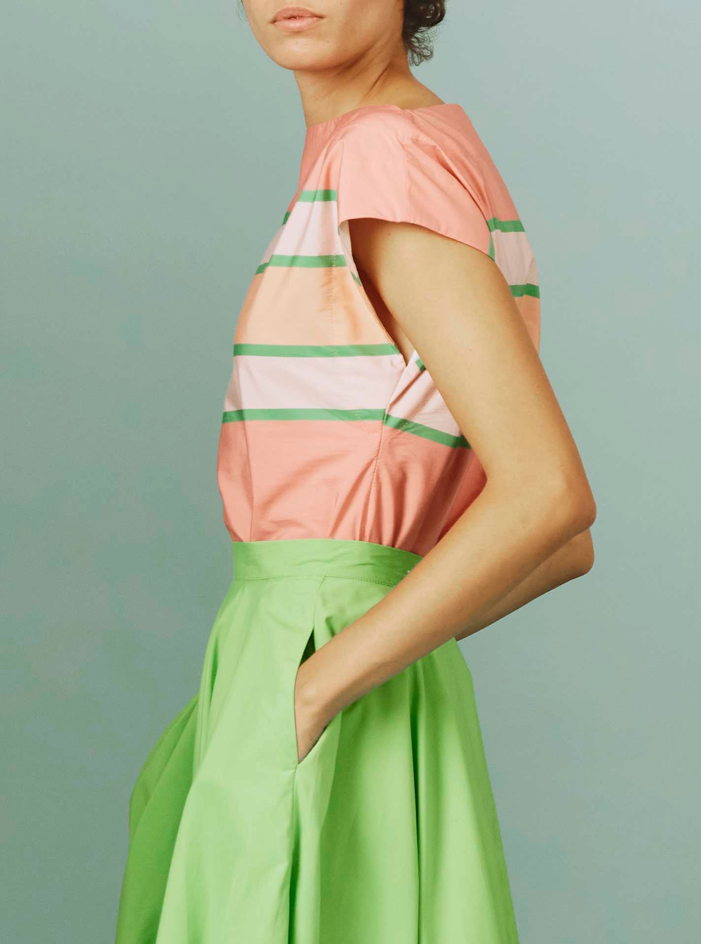 Side view of Ida Top: Samarkand Stripes - Pink/Green by Thierry Colson