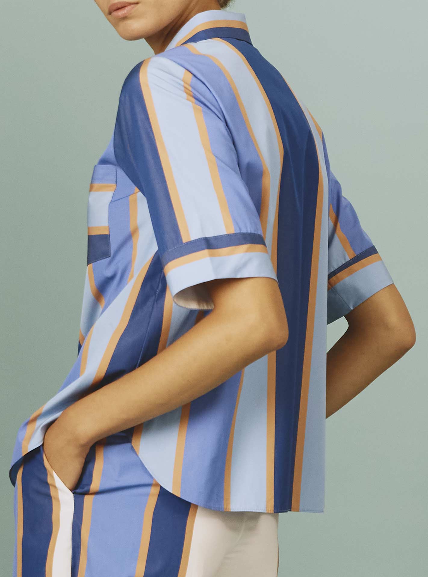 Back view of Zouk Shirt: Samarkand Stripes - Blue/Arancio by Thierry Colson | Spring/Summer 2024