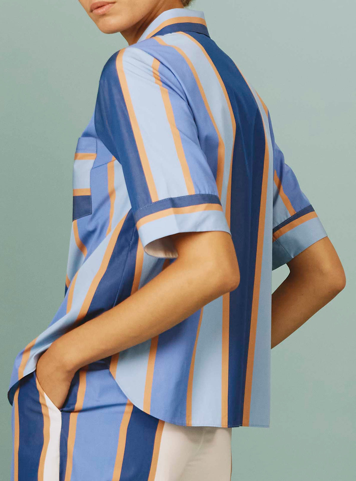 Back view of Zouk Shirt: Samarkand Stripes - Blue/Arancio by Thierry Colson | Spring/Summer 2024