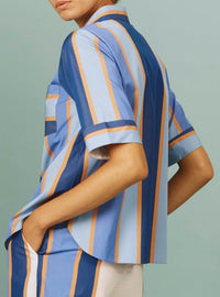Back view of Zouk Shirt: Samarkand Stripes - Blue/Arancio by Thierry Colson | Spring/Summer 2024