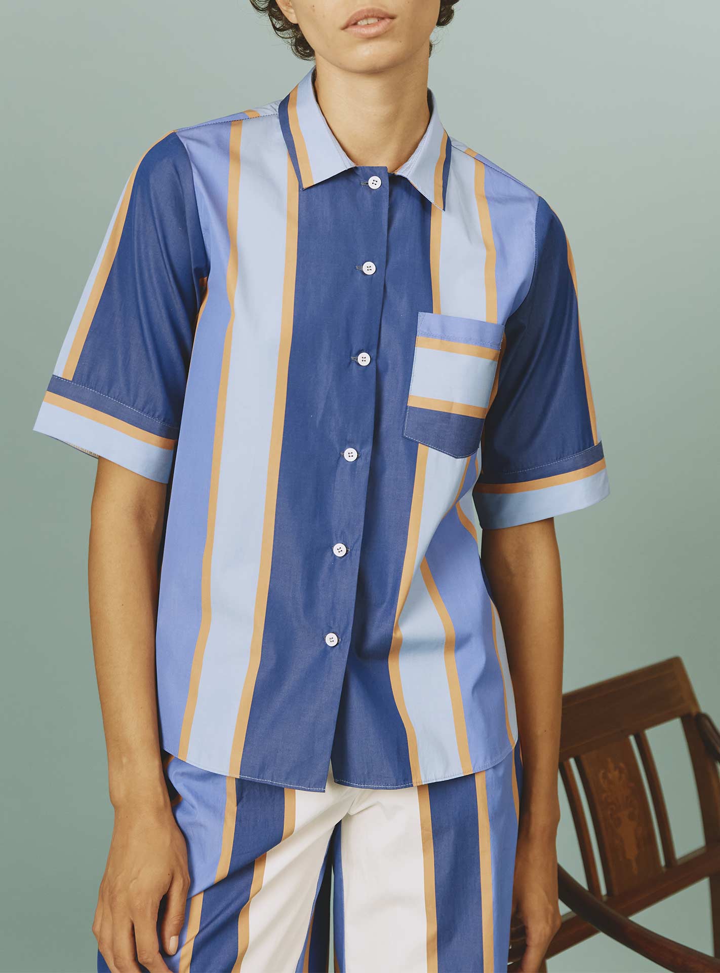 Front view of Zouk Shirt: Samarkand Stripes - Blue/Arancio by Thierry Colson | Spring/Summer 2024