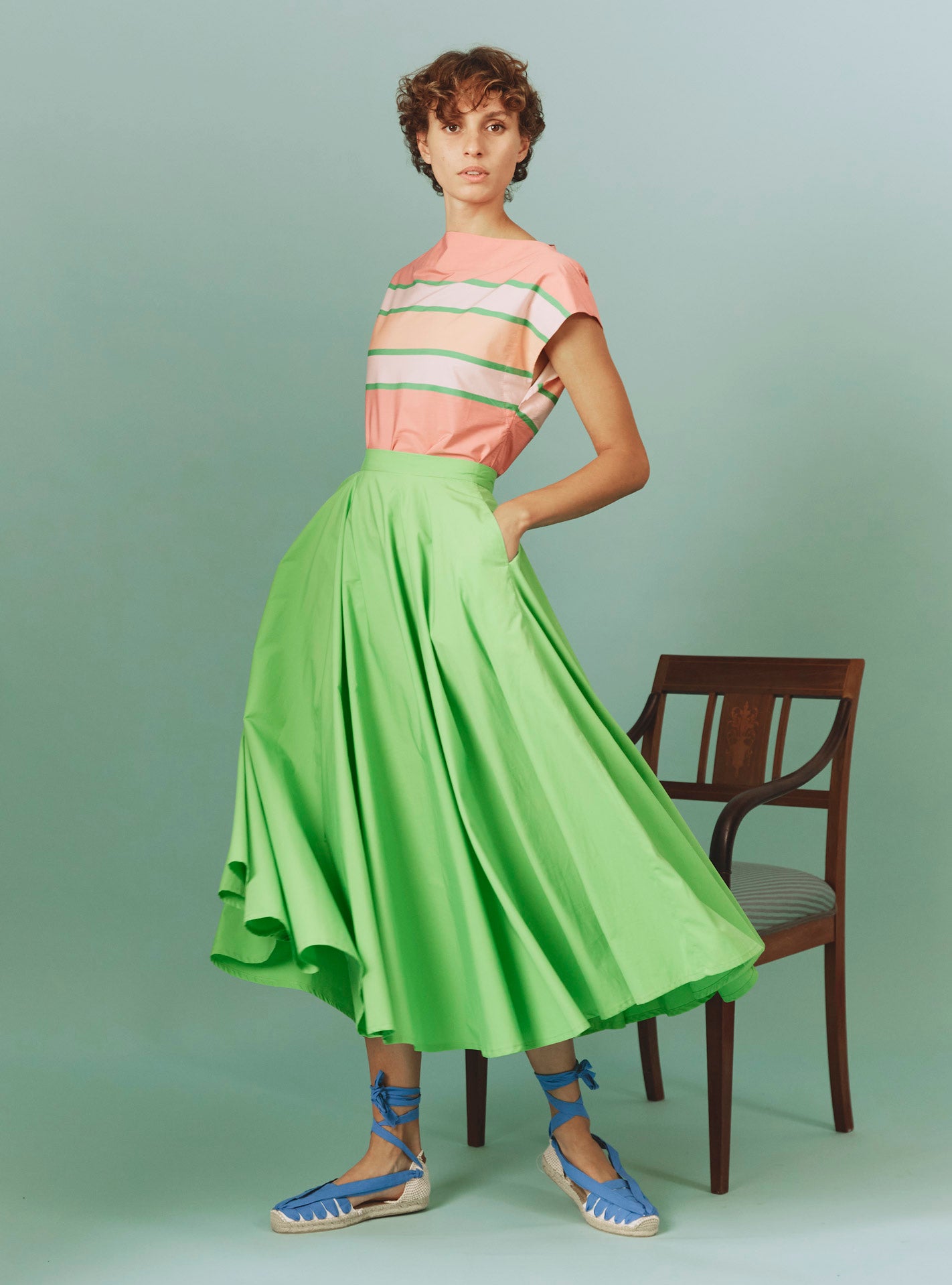 Large view of Audrey Skirt: Matisse Plain Poplin in Green by Thierry Colson with Ida samarkand top