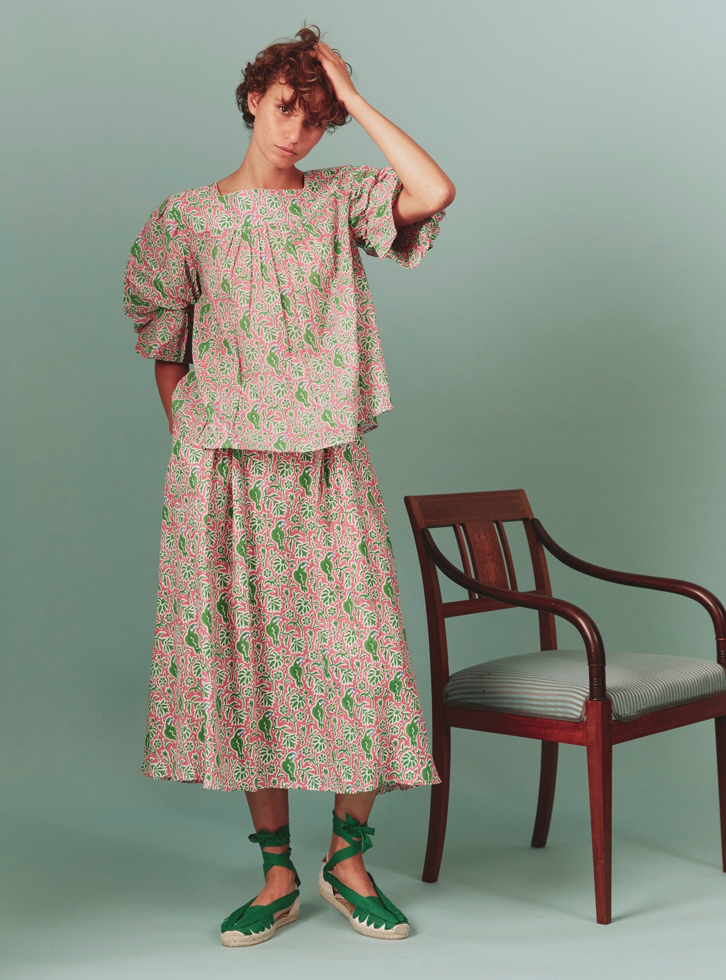 Scarlett Tyrian Pink / green Parrot Print Blouse by Thierry Colson