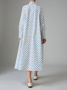 Back view of Alceste Shirt Dress Hand Block-Printed Delft Blue Kaftan Style by Thierry Colson