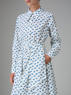 Detail with belt of Alceste Shirt Dress Hand Block-Printed Delft Blue Kaftan Style by Thierry Colson