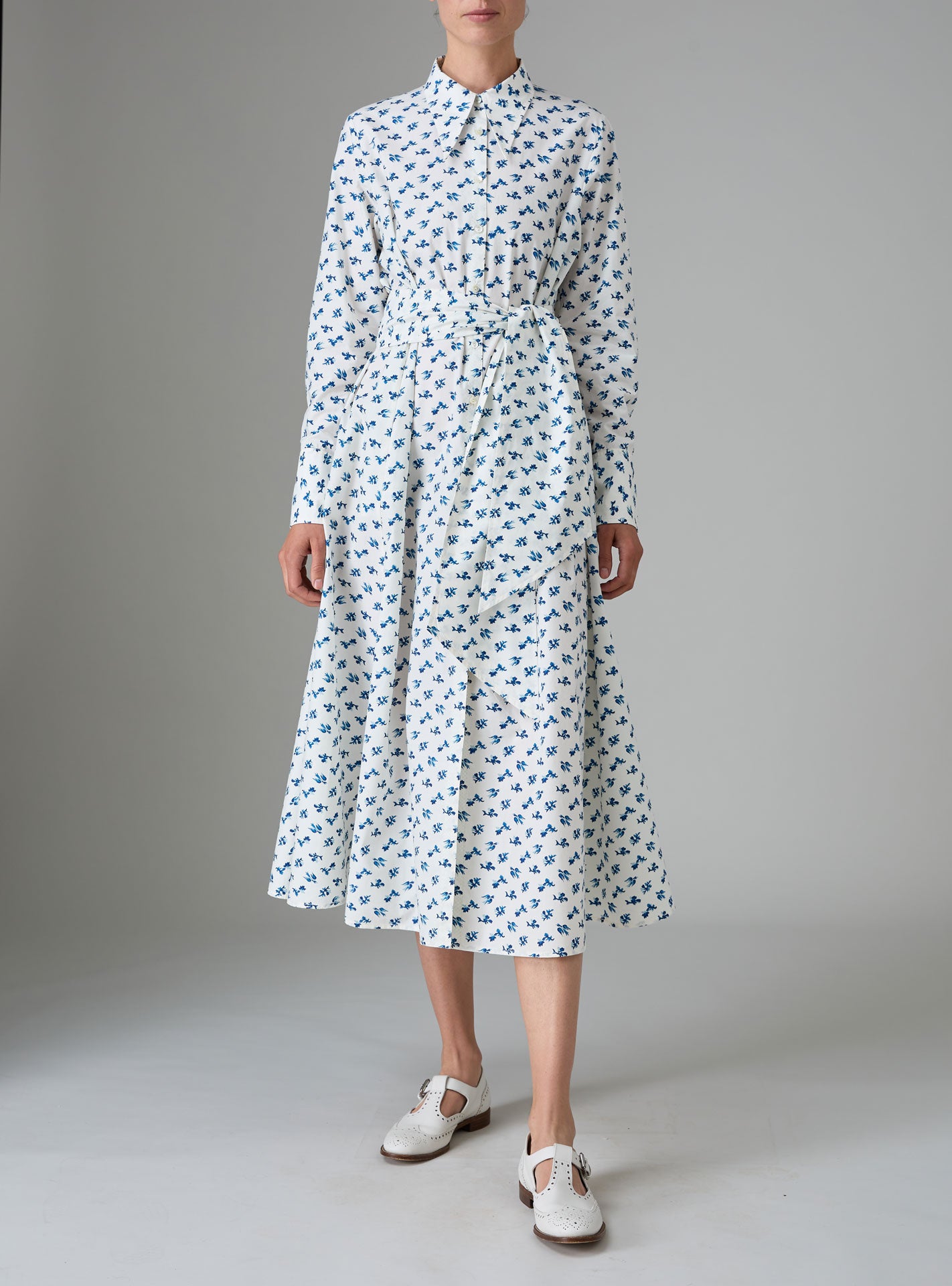 Front view of Alceste Shirt Dress Hand Block-Printed Delft Blue Kaftan Style by Thierry Colson