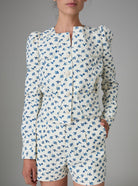 Front view of Arabella Jacket Hand Block-Printed Delft Blue Quilted Cotton by Thierry Colson