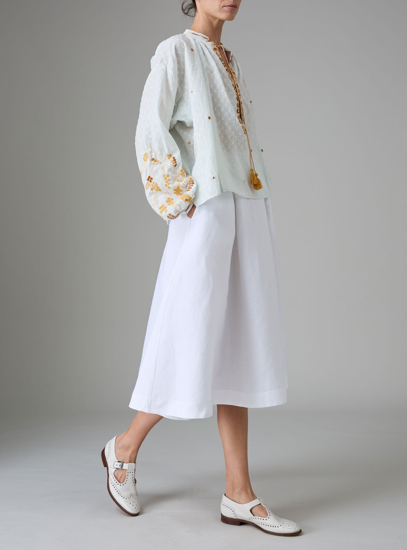 Large view of Guise Blouse in dobby cotton voile with Mediterranean-inspired hand embroidery by Thierry Colson