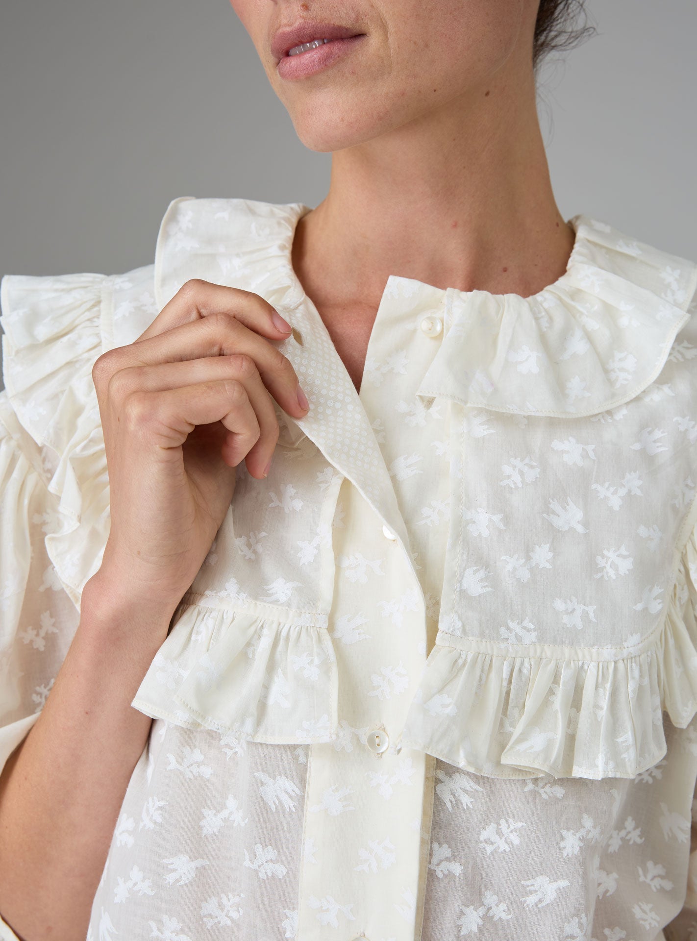 Front detail of Vanina Romantic Blouse Hand Block-Printed Birds Flowers Ruffled Collar by Thierry Colson