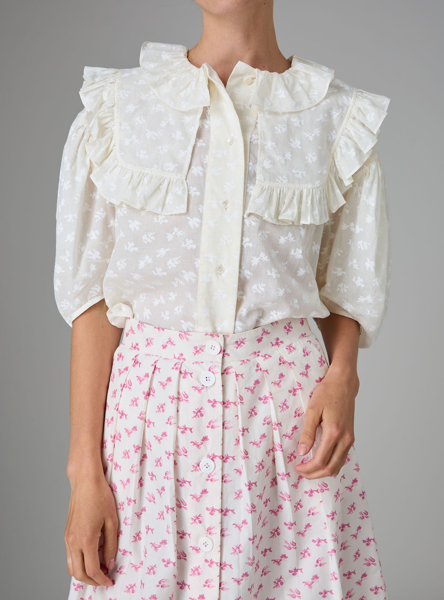 Detail of Vanina Romantic Blouse Hand Block-Printed Birds Flowers Ruffled Collar by Thierry Colson