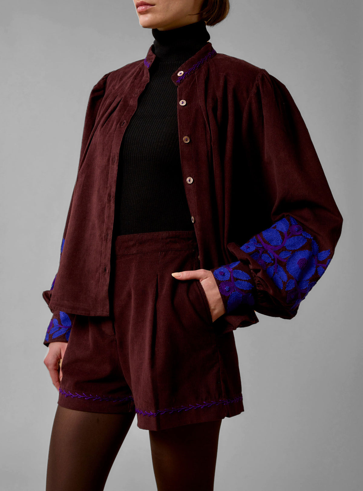 Yana Blouse -Balkanic Embroidery - Chocolate/Cobalt & Purple