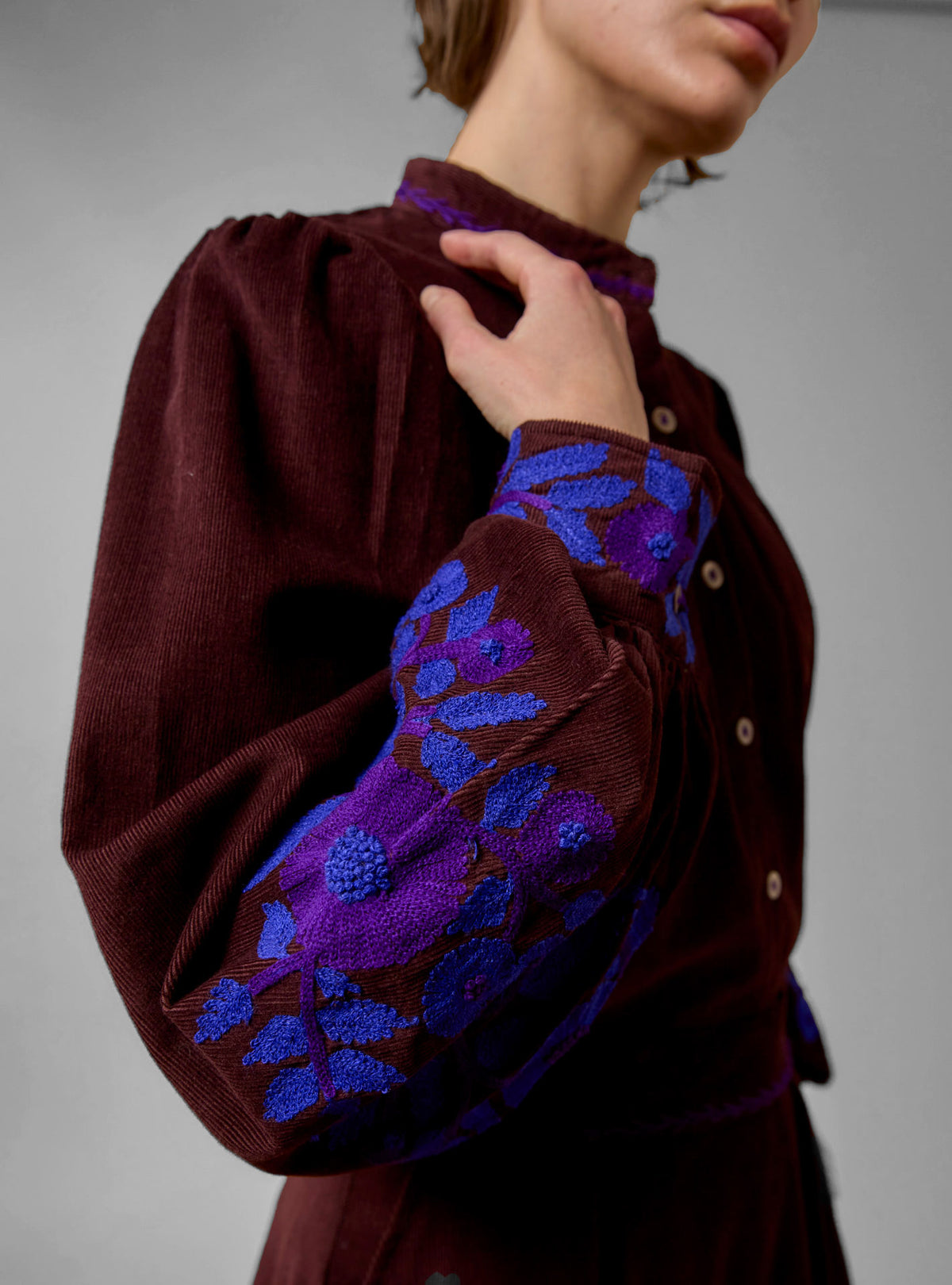 Yana Blouse -Balkanic Embroidery - Chocolate/Cobalt & Purple