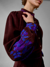 Yana Blouse -Balkanic Embroidery - Chocolate/Cobalt & Purple