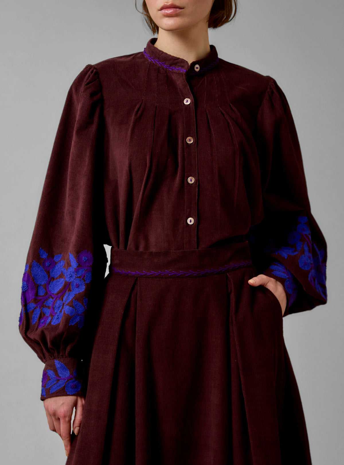 Yana Blouse -Balkanic Embroidery - Chocolate/Cobalt & Purple