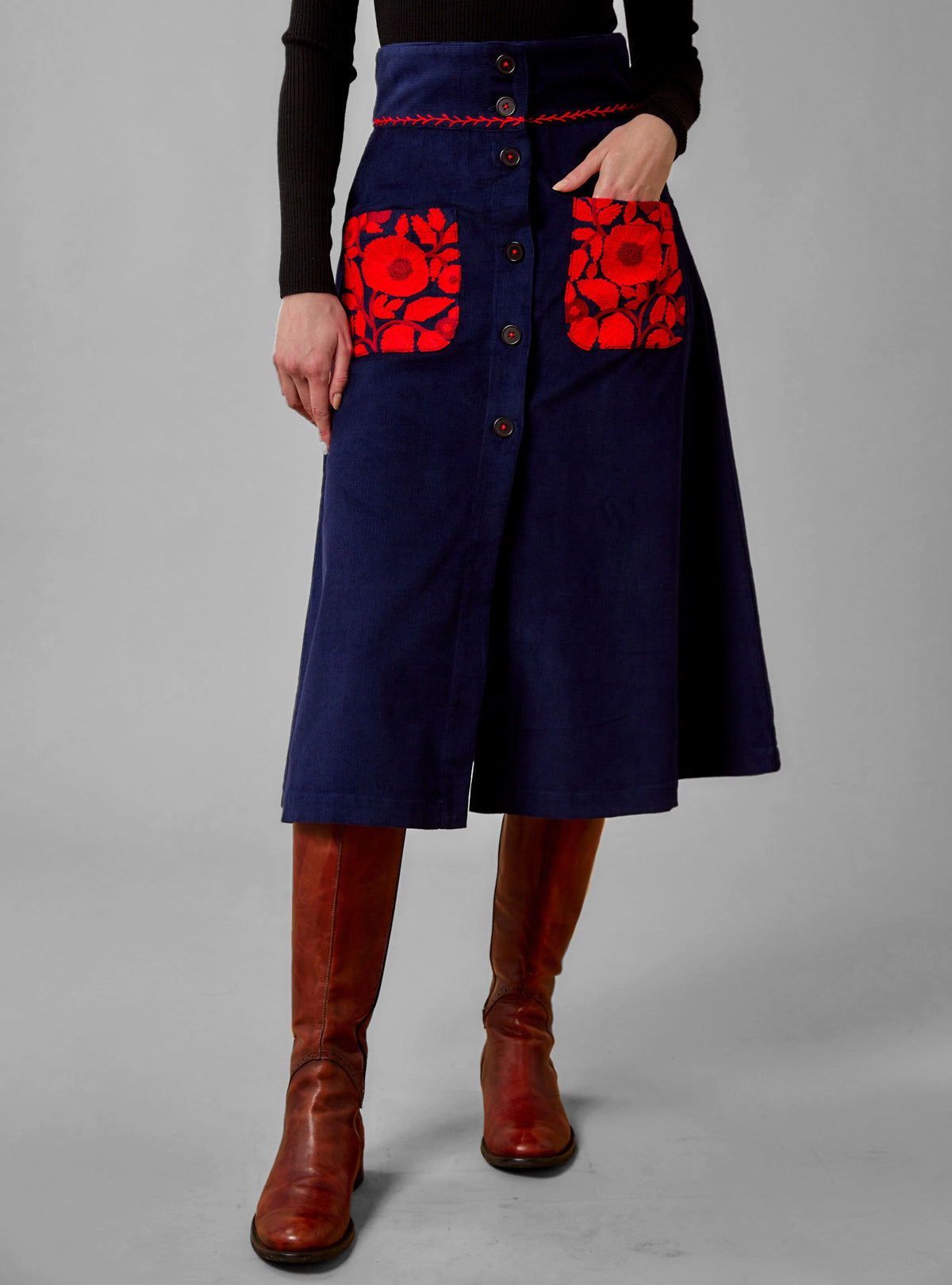 Yardley Skirt - Balkanic Embroidery - Navy / Red