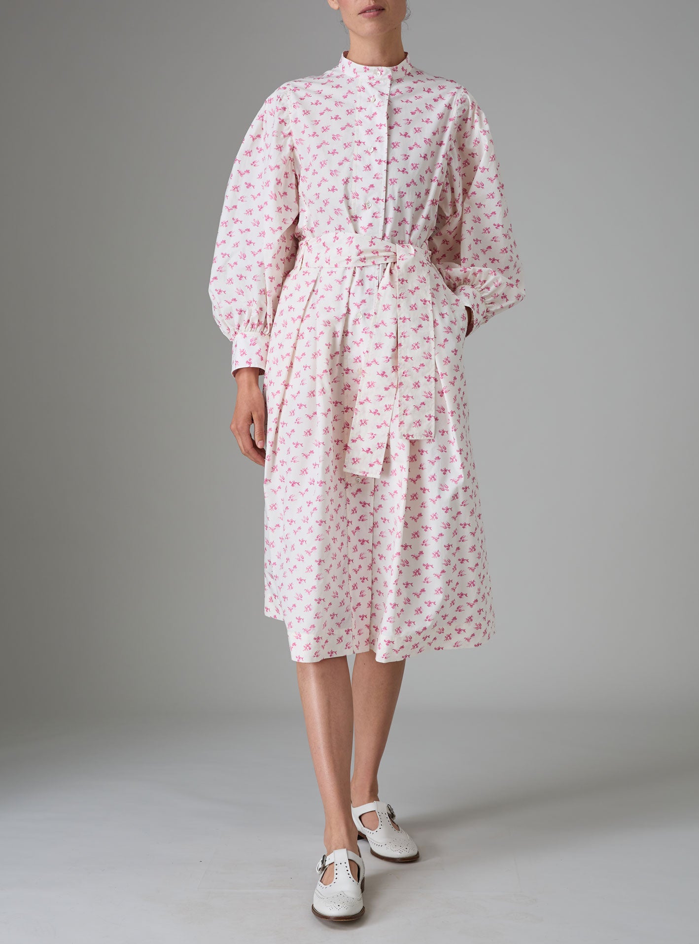 Front view of Yvonne Midi Dress Stuart-Inspired Sleeves Cottage Print Old Rose Hue by Thierry Colson