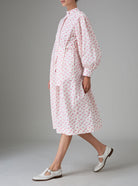 Side view with belt of Yvonne Midi Dress Stuart-Inspired Sleeves Cottage Print Old Rose Hue by Thierry Colson