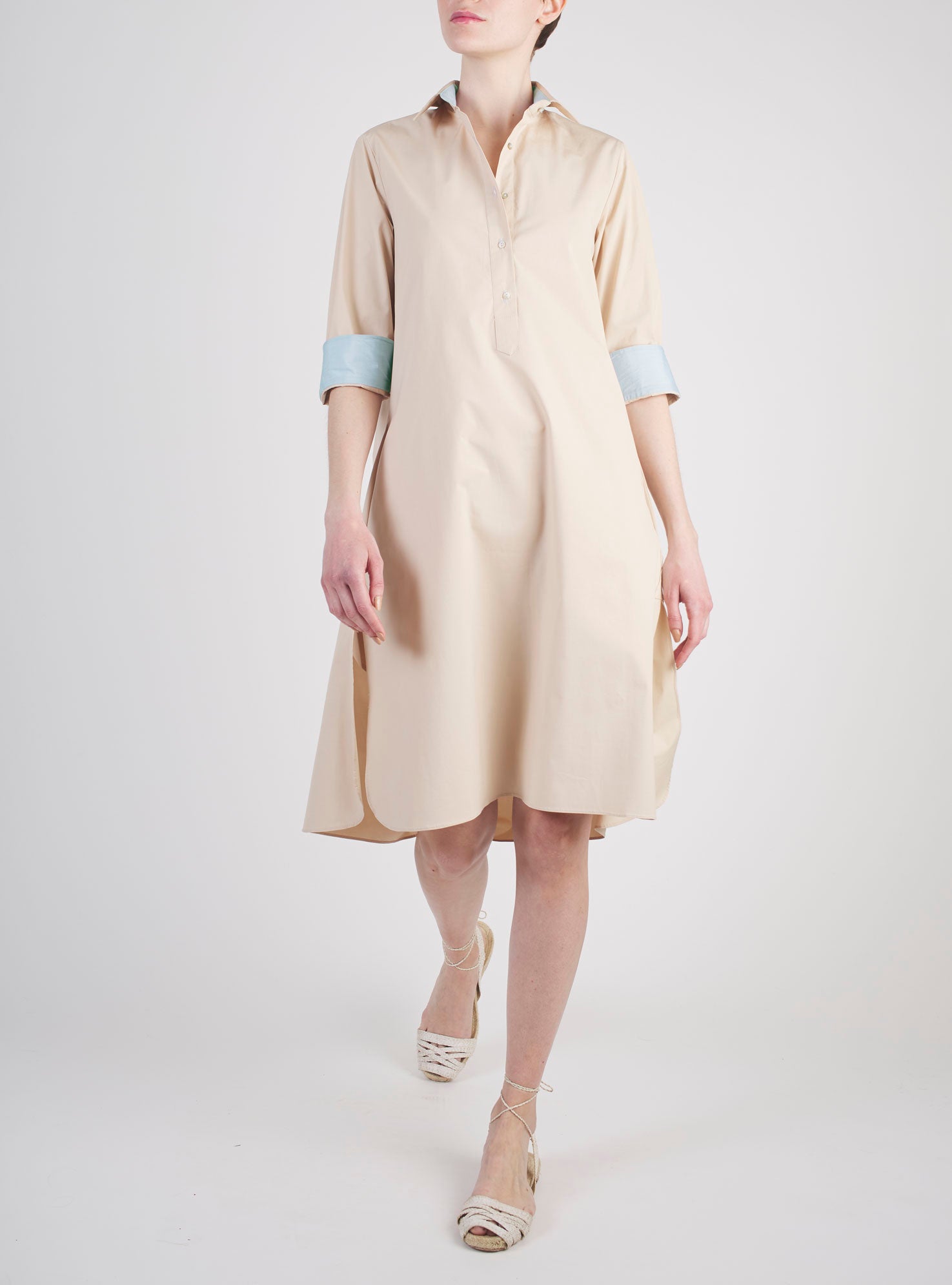 Front view of Angelica beige shirt dress by Thierry Colson