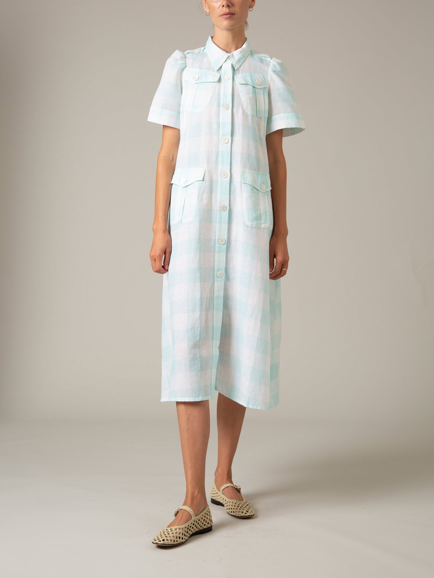 Front view - Baghera Dress in Mint Vichy by Thierry Colson – Lightweight Safari Dress