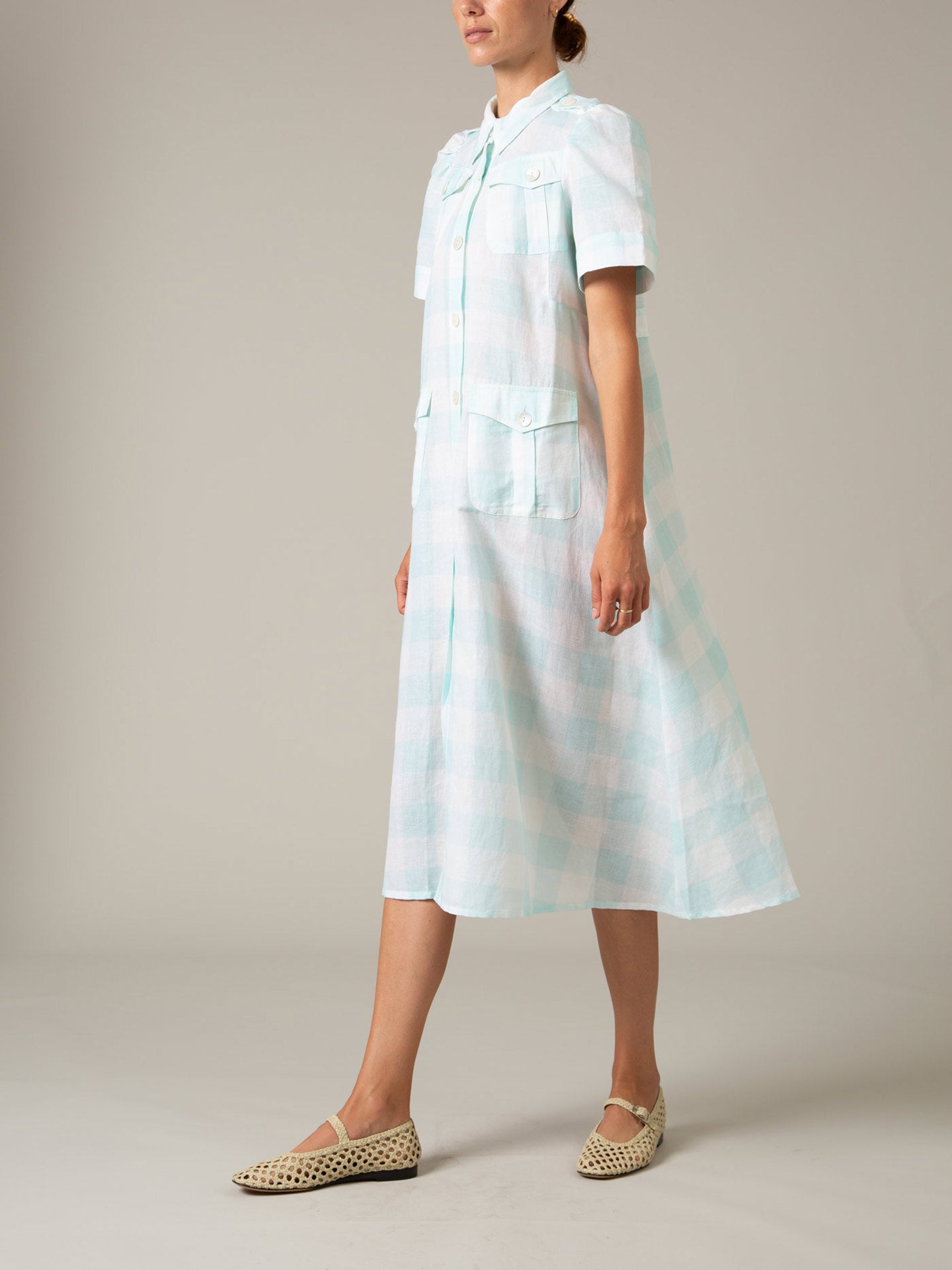 Side view of Baghera Dress in Mint Vichy by Thierry Colson – Lightweight Safari Dress