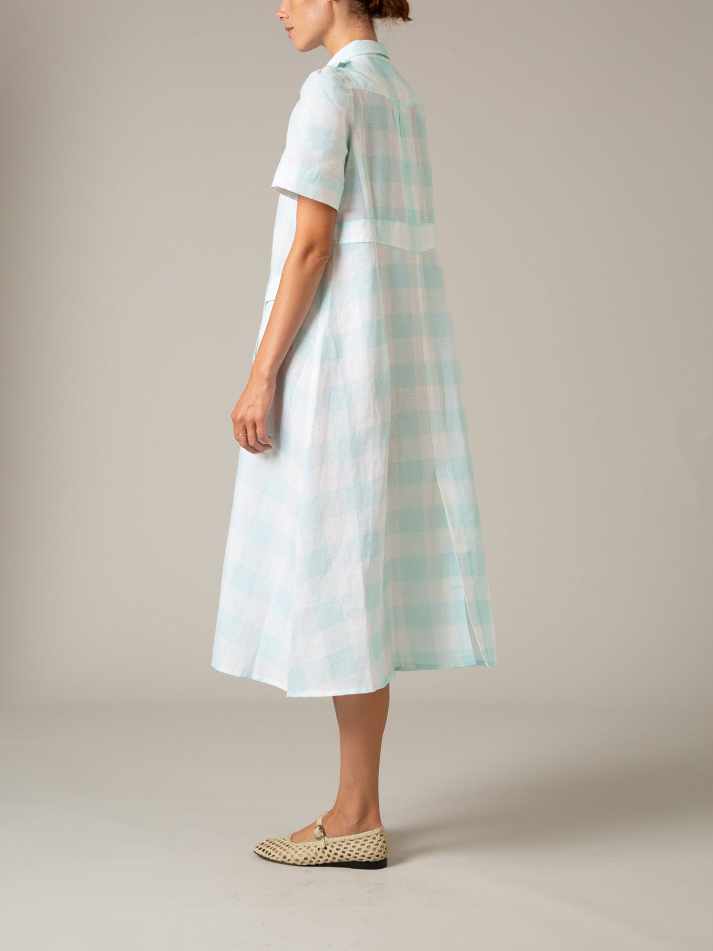 Bak view - Baghera Dress in Mint Vichy by Thierry Colson – Lightweight Safari Dress