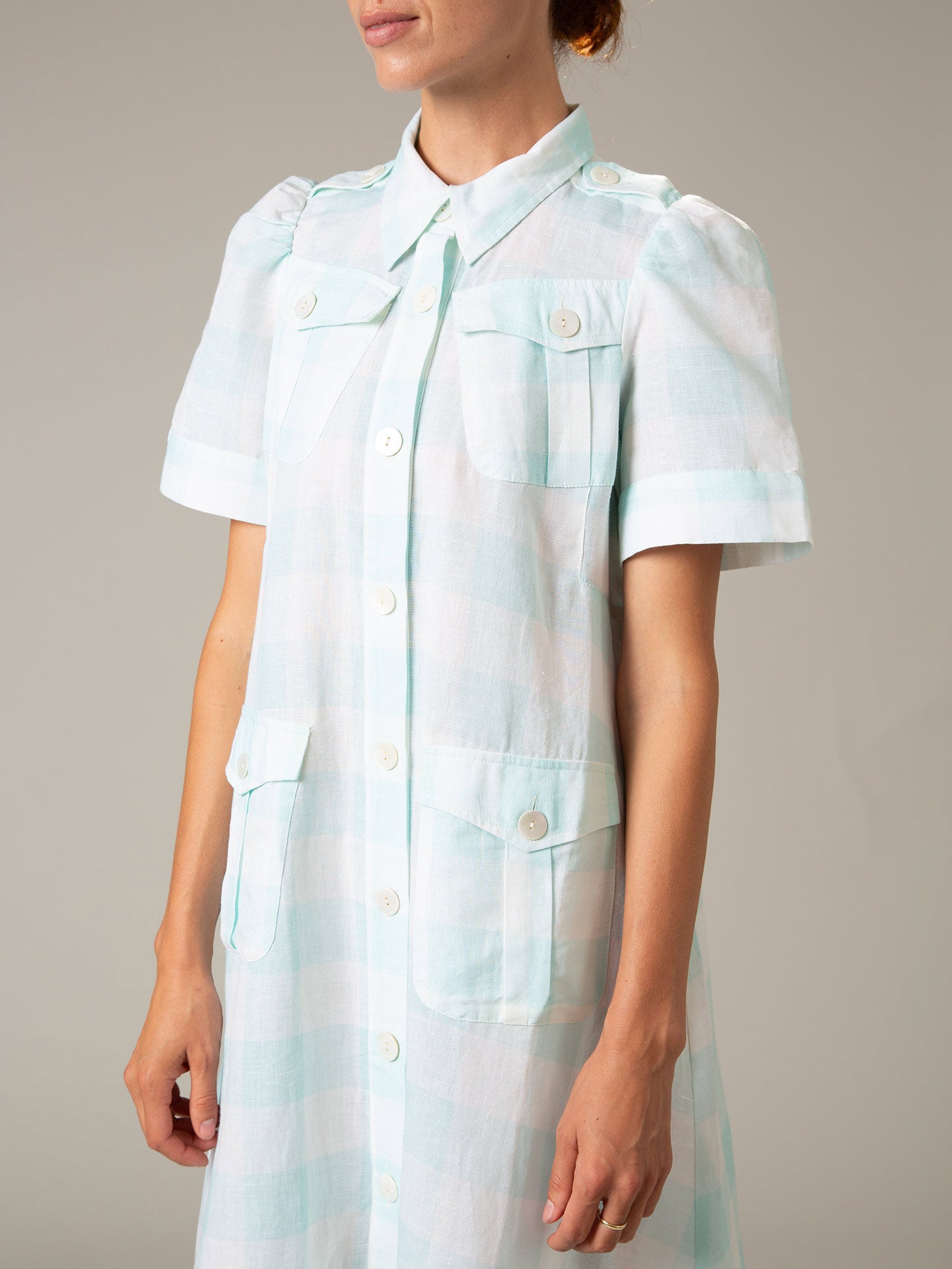Detail - Baghera Dress in Mint Vichy by Thierry Colson – Lightweight Safari Dress