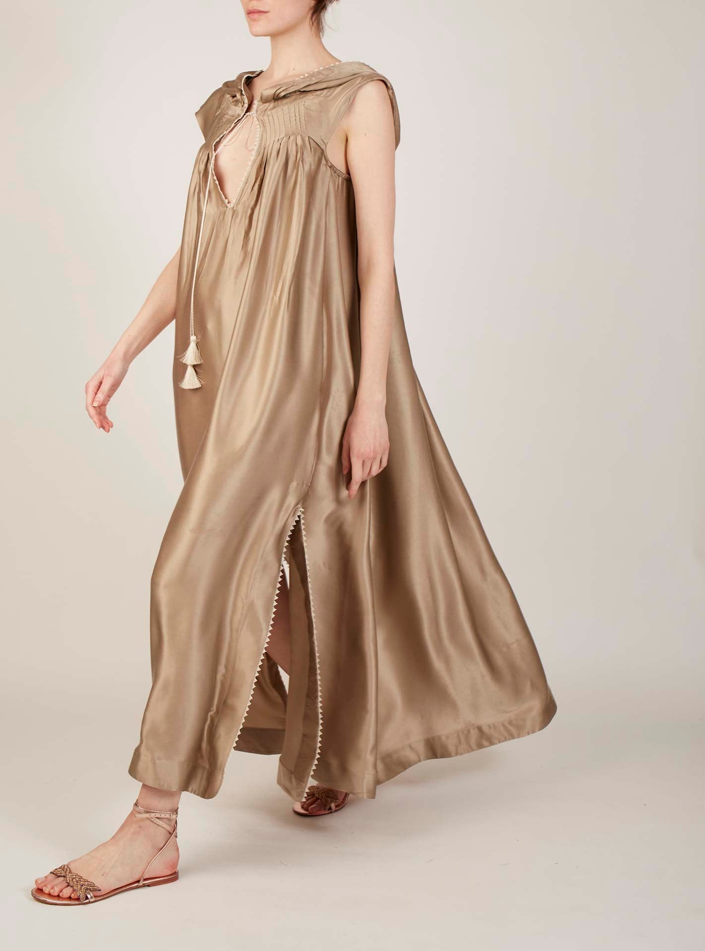 Front view Eden Champagne Silk Kaftan by Thierry Colson