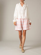 Front view - Guise Blouse in Off-White Linen by Thierry Colson – Guipure Embroidery