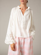 Close up - Guise Blouse in Off-White Linen by Thierry Colson – Guipure Embroidery