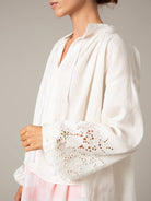Side view - Guise Blouse in Off-White Linen by Thierry Colson – Guipure Embroidery