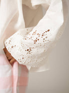 Sleeve close up-  Guise Blouse in Off-White Linen by Thierry Colson – Guipure Embroidery