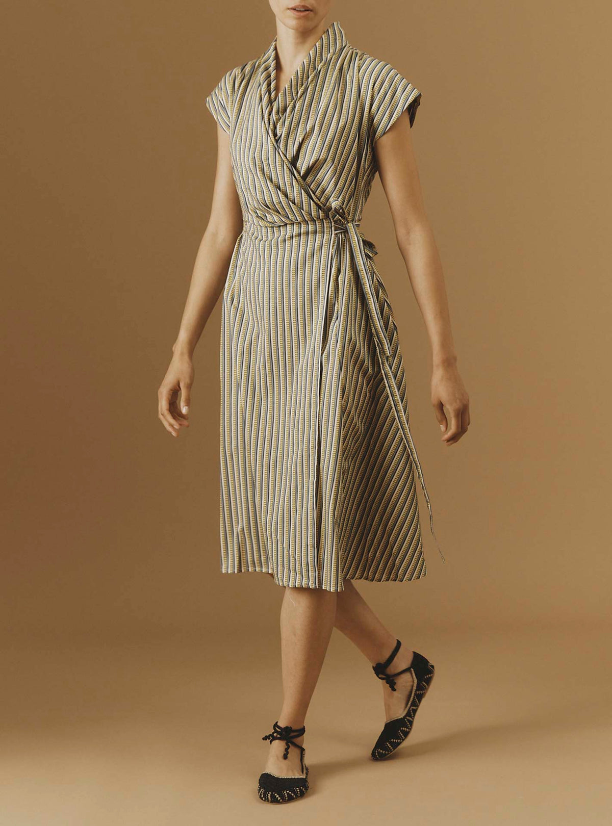 Front view of Isolde Yellow 2 midi Dress by Thierry Colson