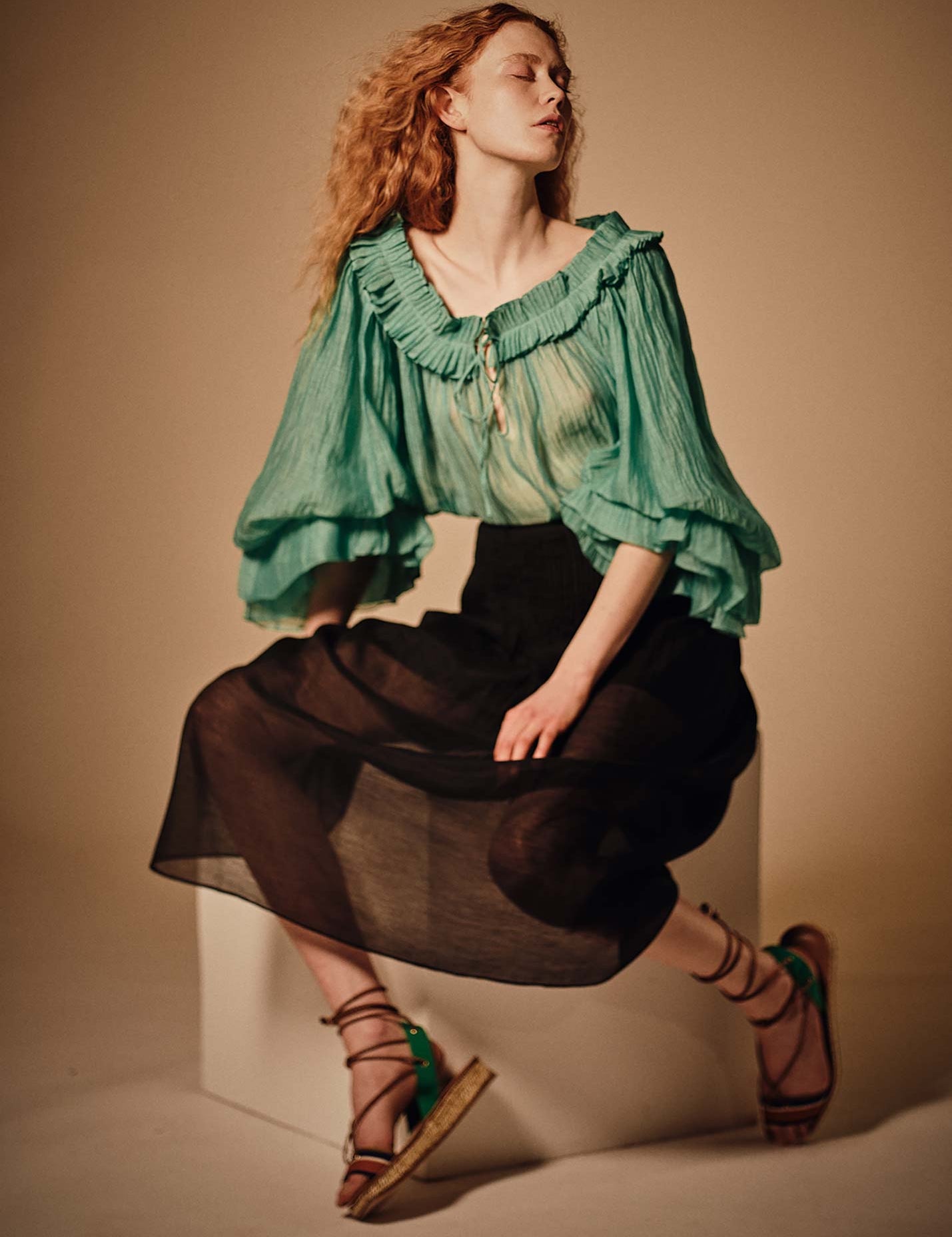 Front view of Roussia Veridian Green Blouse by Thierry Colson photographed by Stéphane Gautronneau