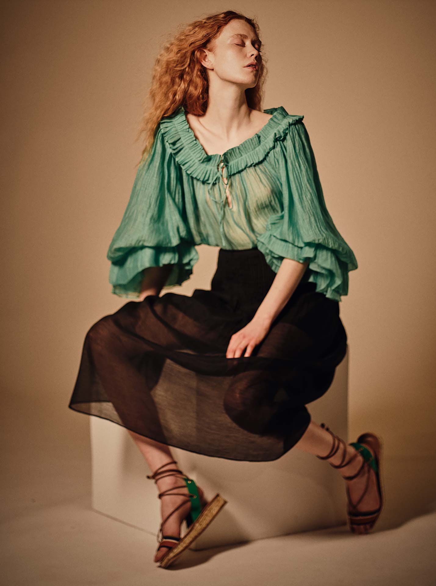 Front view of Roussia Veridian Green Blouse by Thierry Colson photographed by Stéphane Gautronneau
