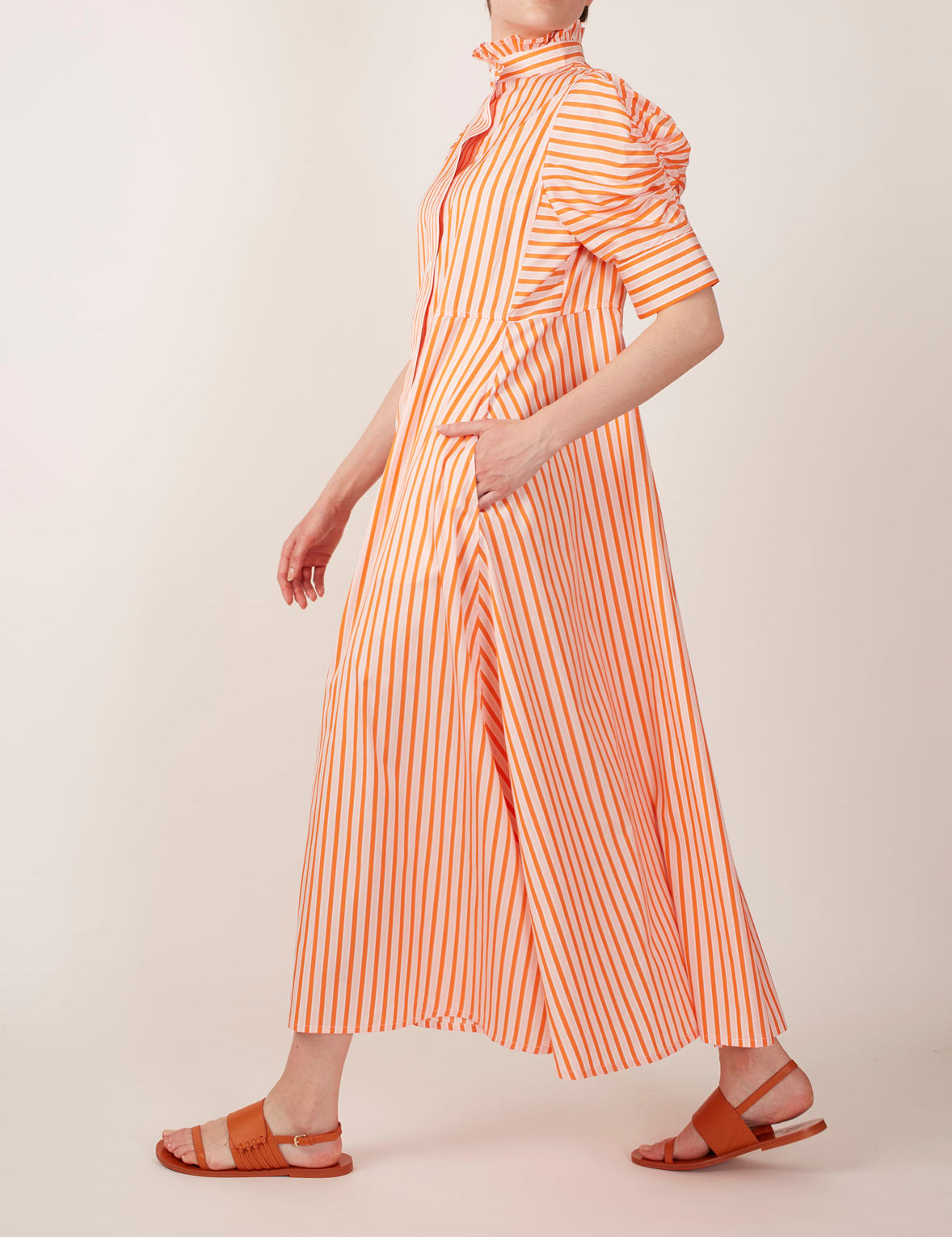 Side view of Venetia Mayfair - Orange, Salmon & White Dress by Thierry Colson