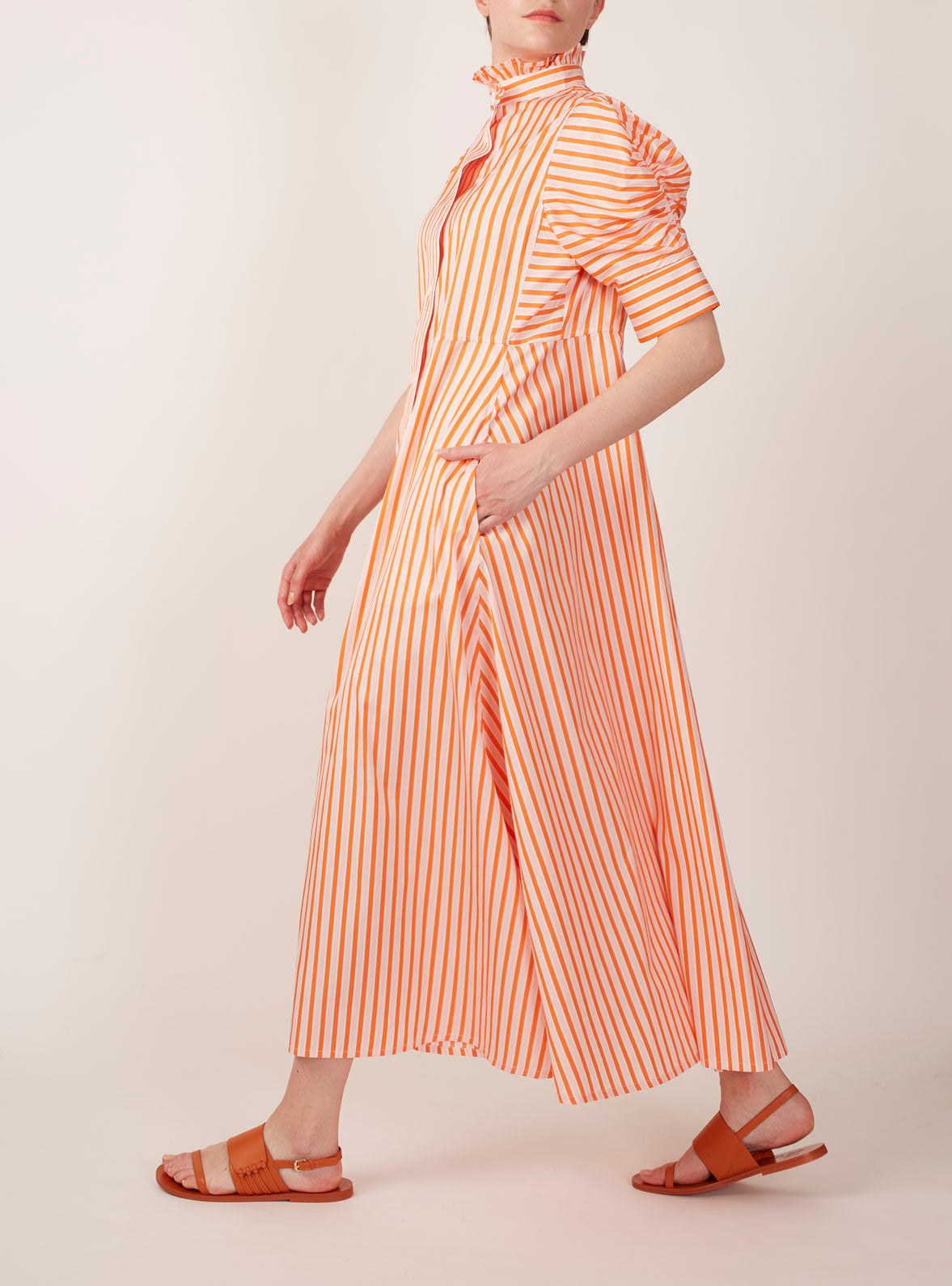 Side view of Venetia Mayfair - Orange, Salmon & White Dress by Thierry Colson