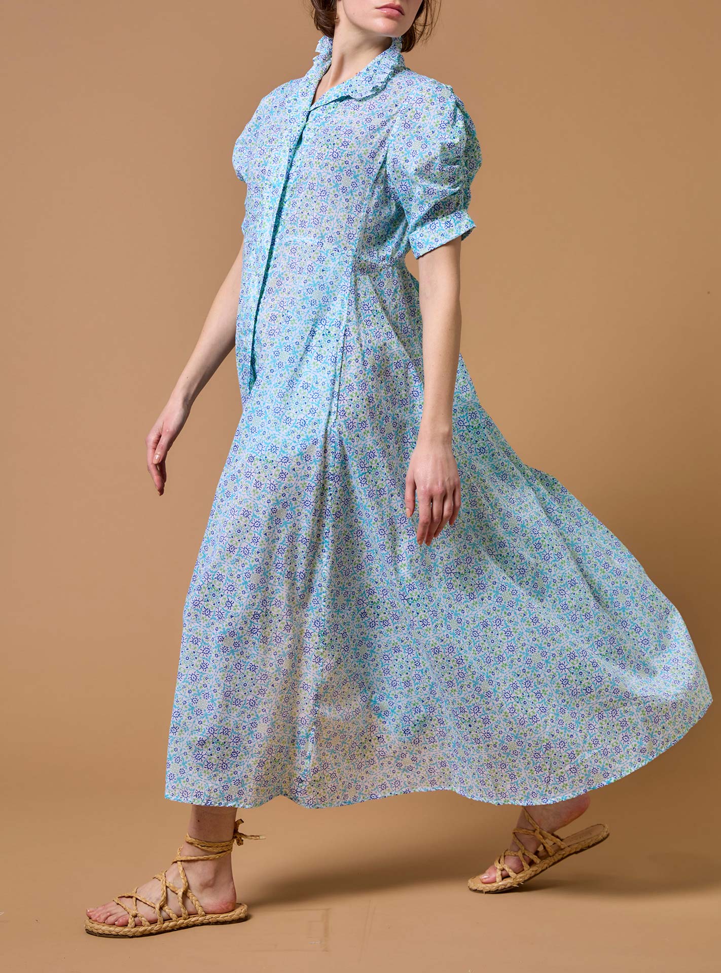 Side view of Venetia Mughal Blockprint Multico Blue Dress by Thierry Colson 
