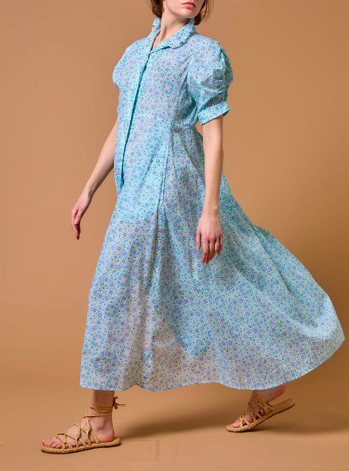 Side view of Venetia Mughal Blockprint Multico Blue Dress by Thierry Colson