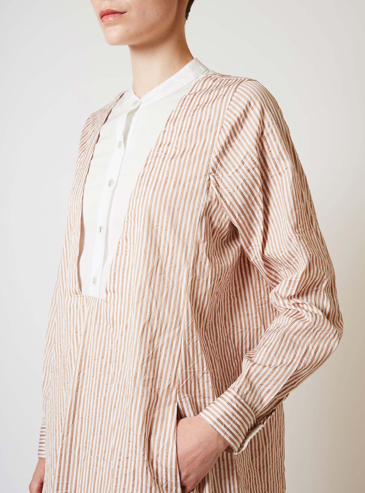 Close up of Victoria Crinkle satin Cappuccino Long Kaftan by Thierry Colson