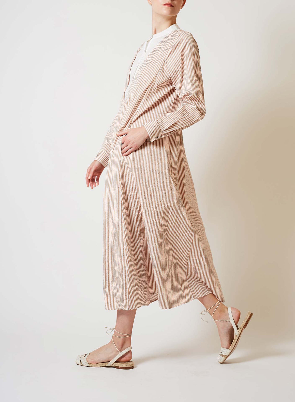 Side view of Victoria Crinkle satin Cappuccino Long Kaftan by Thierry Colson