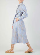 Side View of Wilda Floral Stripes Orange & Blue Shirt Dress by Thierry Colson
