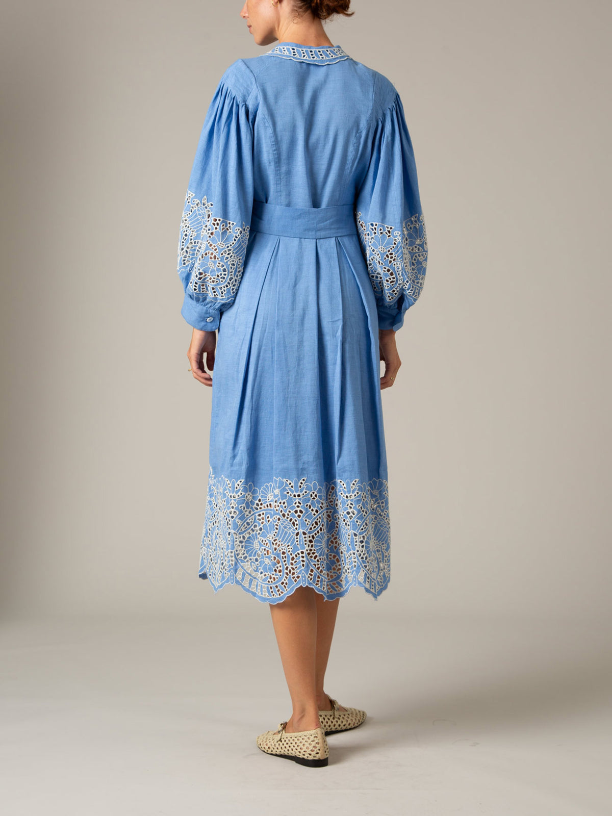 Back view - Yvonne Long Dress in Cerulean Blue by Thierry Colson – Linen Guipure Embroidery