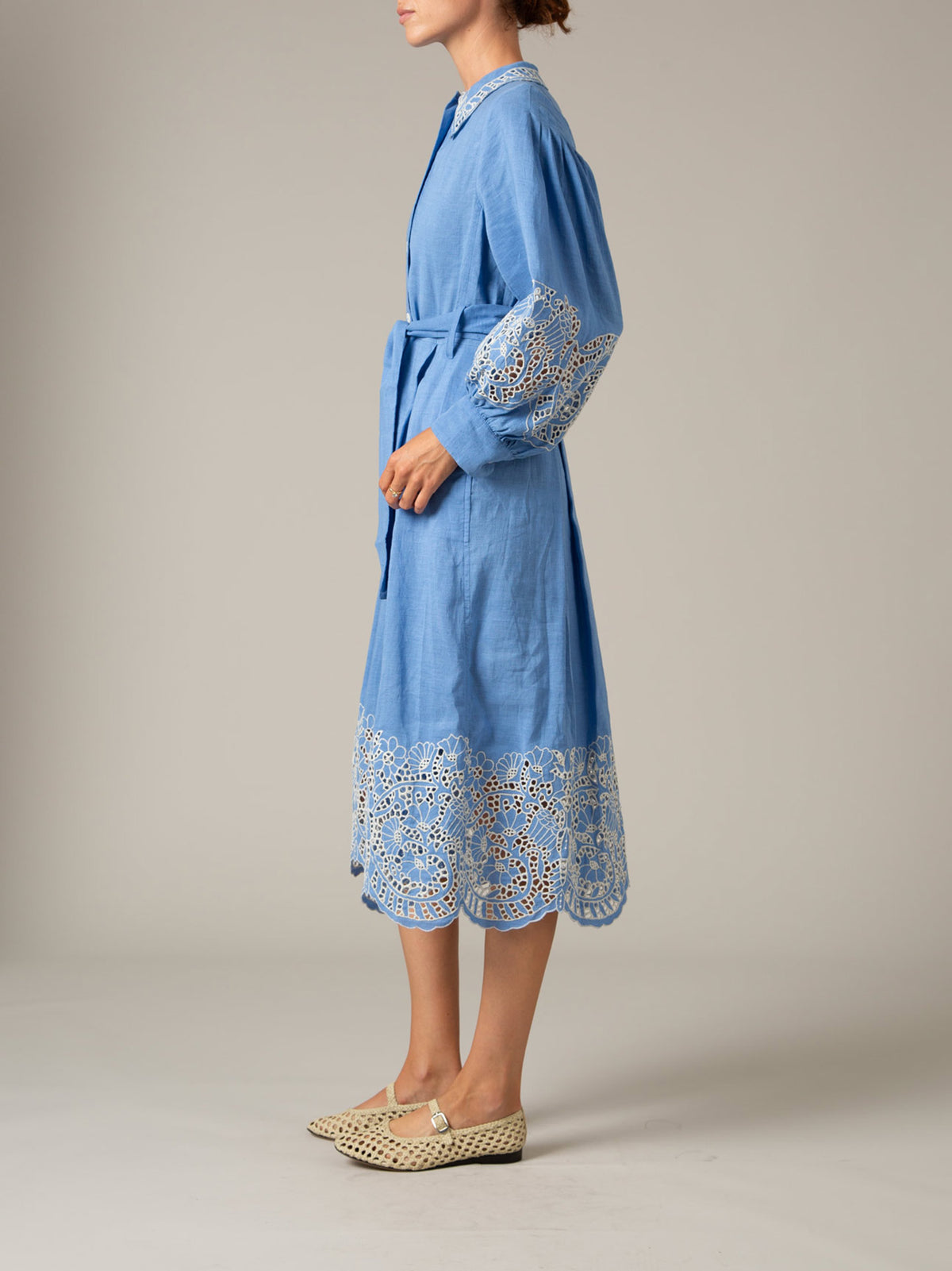 Side view - Yvonne Long Dress in Cerulean Blue by Thierry Colson – Linen Guipure Embroidery