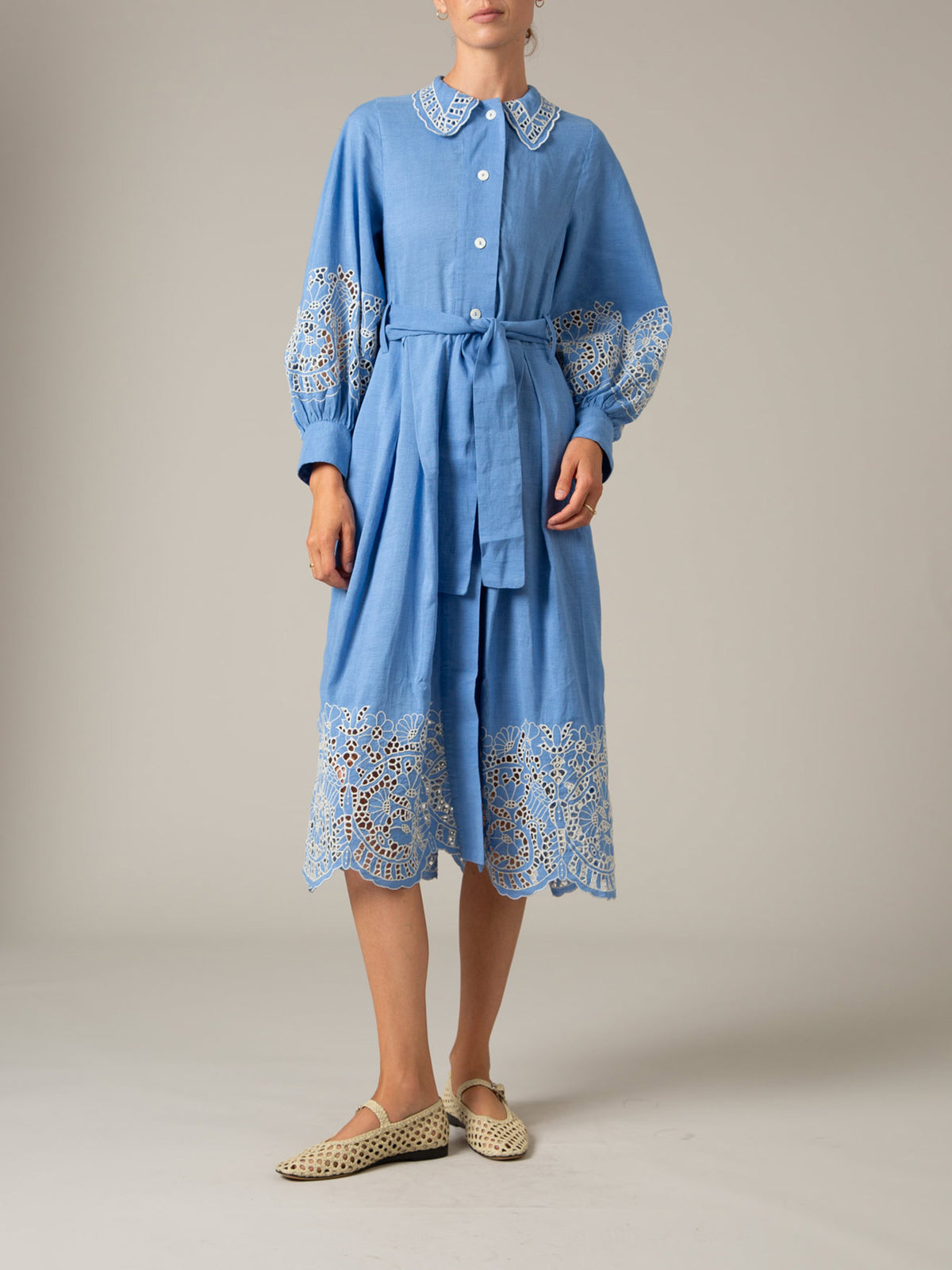 Front view Yvonne Long Dress in Cerulean Blue by Thierry Colson – Linen Guipure Embroidery