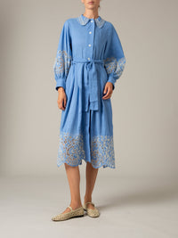 Front view Yvonne Long Dress in Cerulean Blue by Thierry Colson – Linen Guipure Embroidery