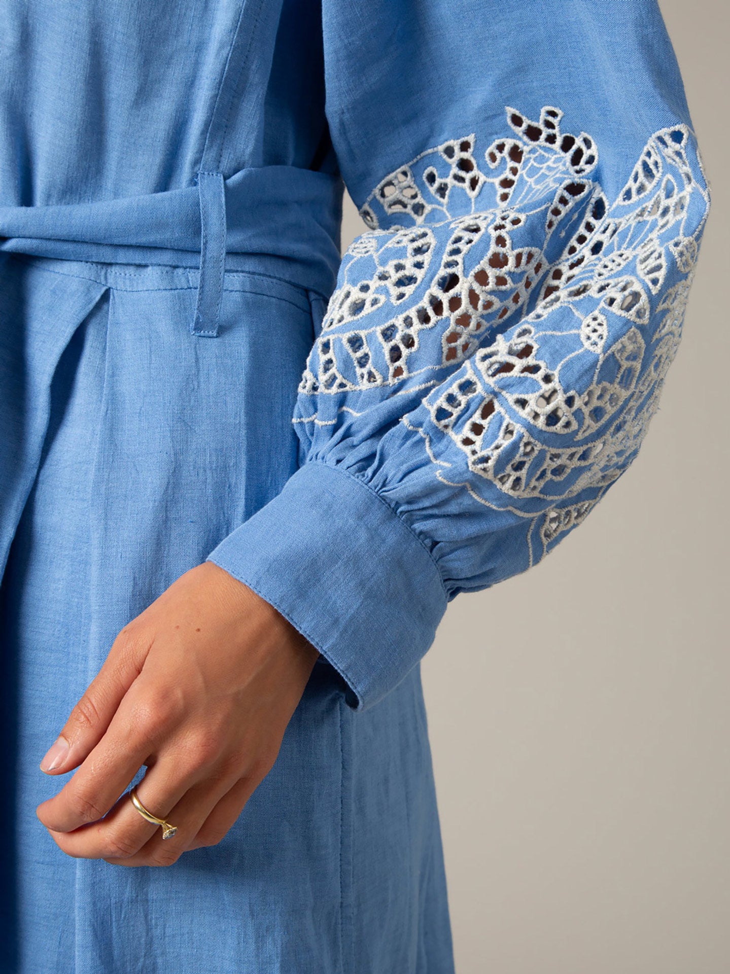 Sleeve detail - Yvonne Long Dress in Cerulean Blue by Thierry Colson – Linen Guipure Embroidery